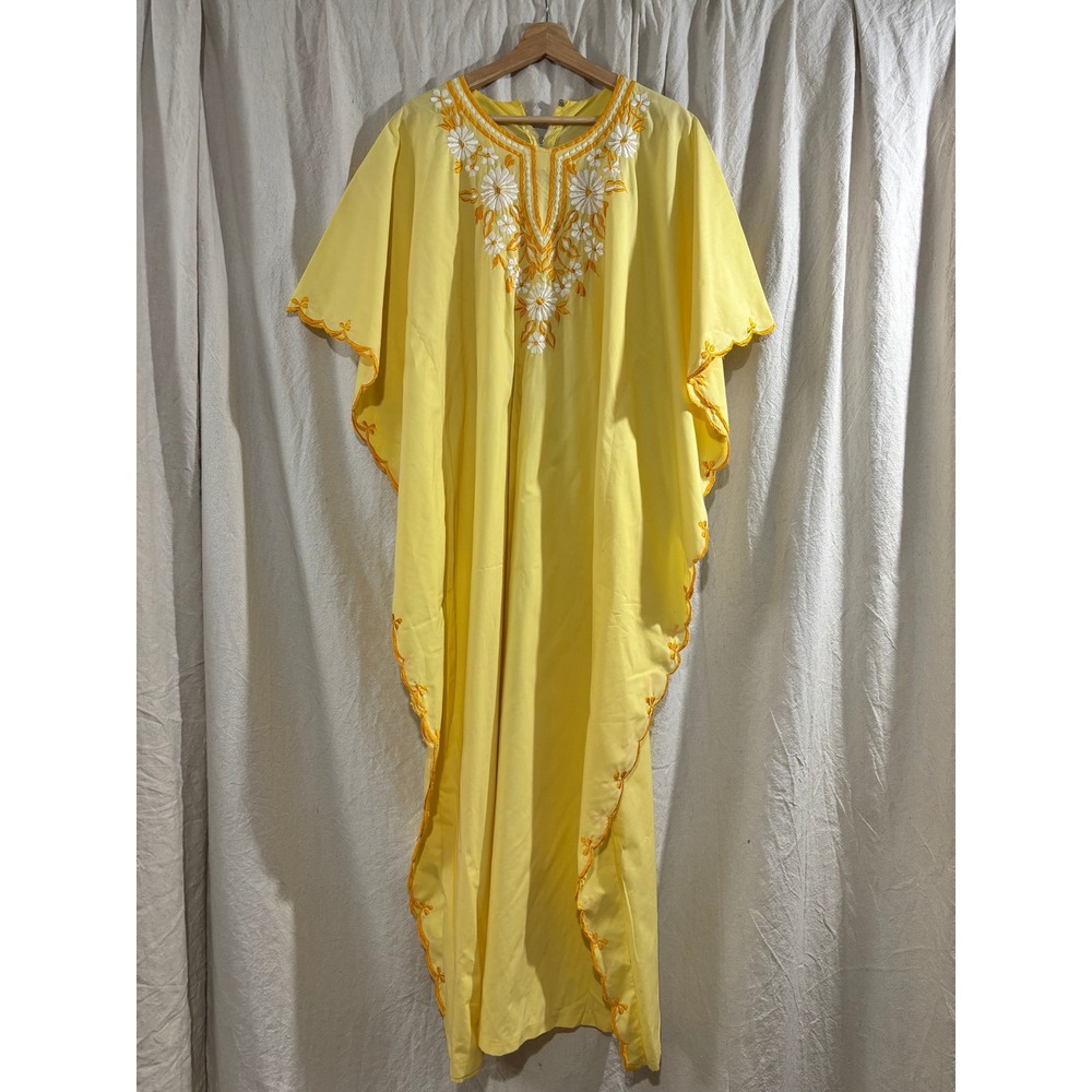 Vintage 70s Handmade Yellow Kaftan Floral Embroidered Maxi Dress 40 Waist